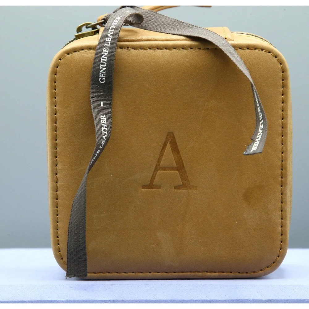American Leather Co Tan Leather Square Travel Jewelry Box Mirror Monogram A